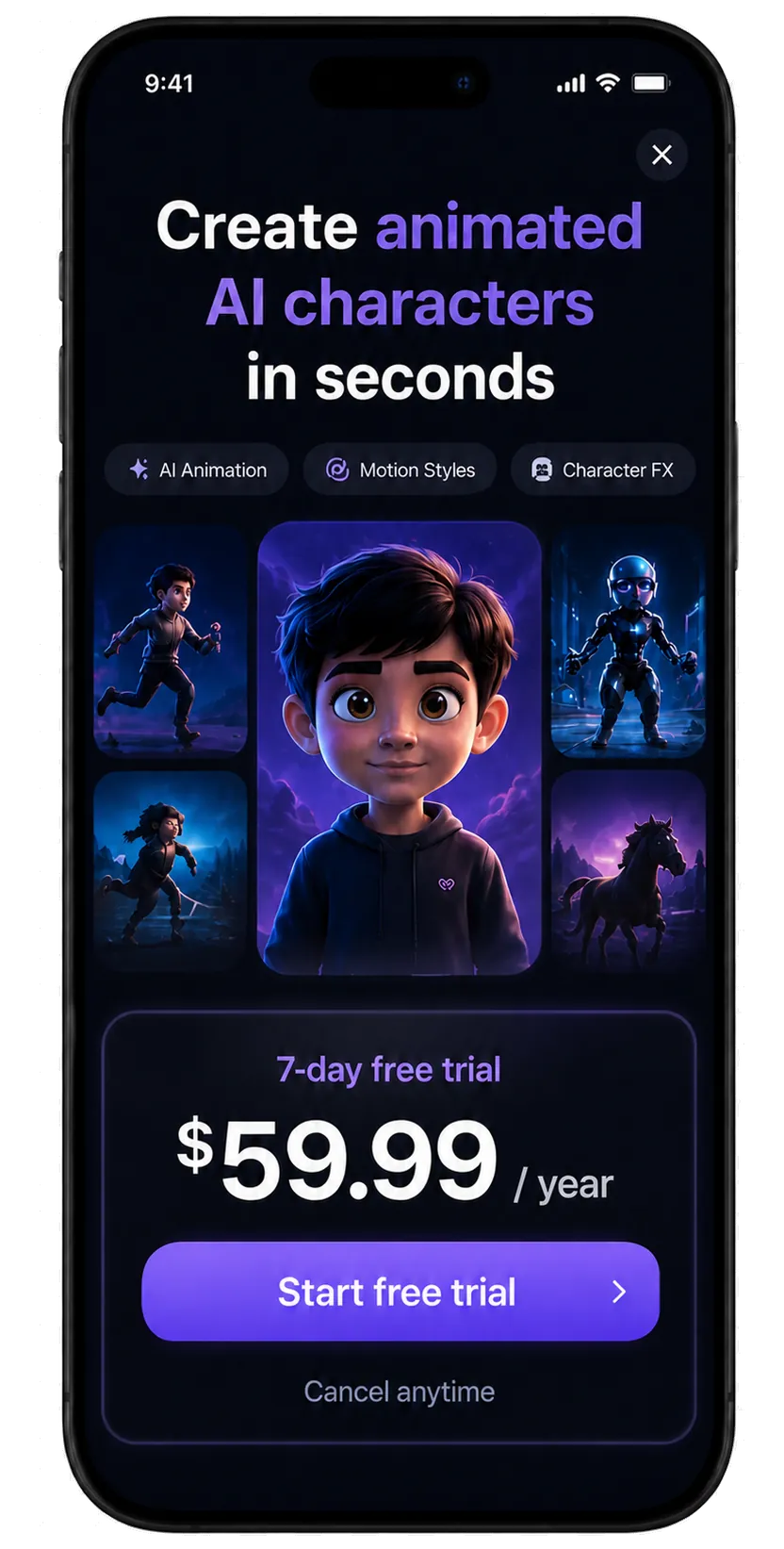 Paywall tailored to creating animated AI characters