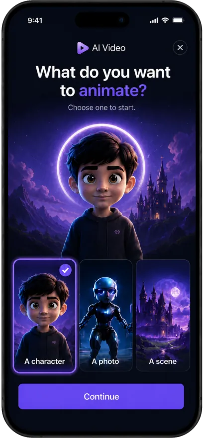 Onboarding screen asking what to animate: a character, a photo or a scene