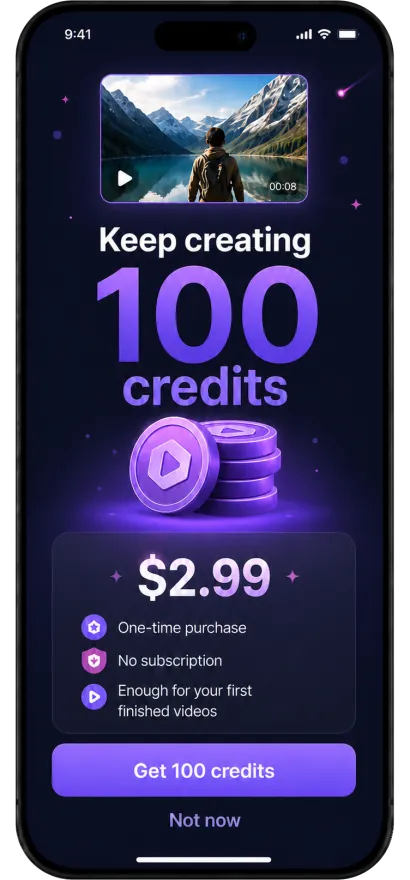 Offer screen selling 100 credits as a one-time $2.99 purchase