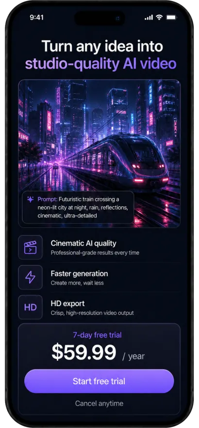 Paywall leading with studio-quality AI video and an annual plan