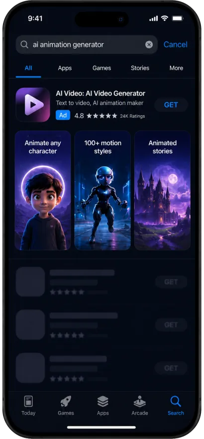 App Store search for “ai animation generator” with an ad showing animated characters