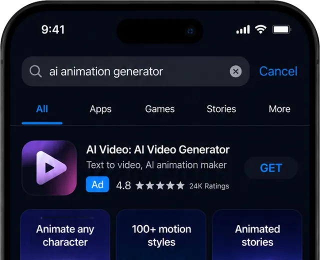 App Store search for “ai animation generator” with the AI Video ad at the top