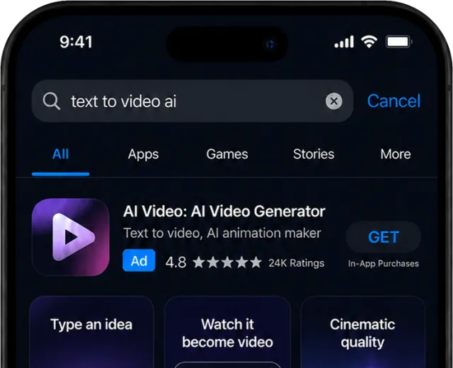 App Store search for “text to video ai” with the AI Video ad at the top