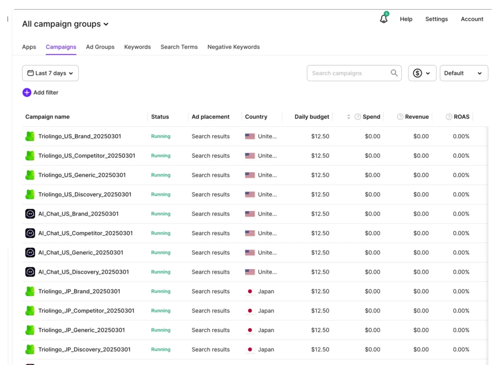 Apple Ads dashboard displaying organized campaign structure with Brand, Competitor, Generic, and Discovery campaigns for two apps across US and Japan markets, each with $12.50 daily budgets and zero spend/revenue indicating fresh campaign launches