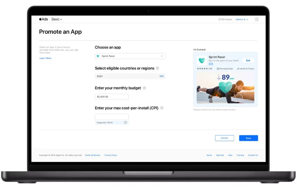 Screenshot of the Apple Ads Basic interface on a laptop screen, showing the “Promote an App” setup page where users can select an app, choose countries or regions, enter a monthly budget, and set a maximum cost-per-install (CPI). The preview ad displays a sample app called Sprint Pacer.