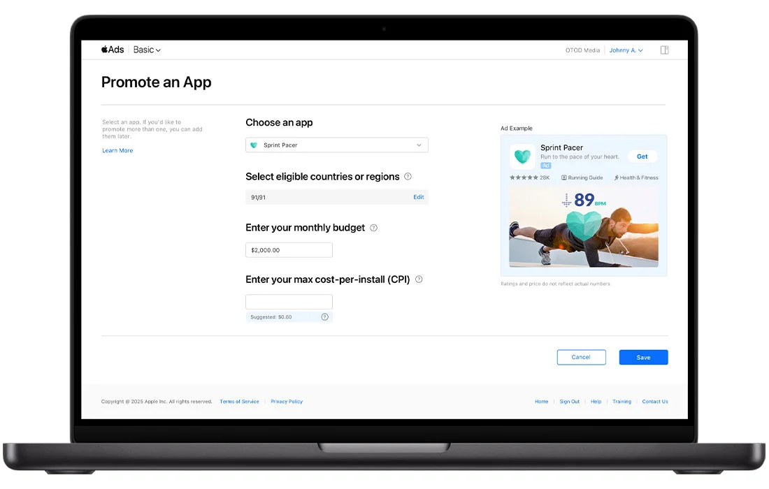 Screenshot of the Apple Ads Basic interface on a laptop screen, showing the “Promote an App” setup page where users can select an app, choose countries or regions, enter a monthly budget, and set a maximum cost-per-install (CPI). The preview ad displays a sample app called Sprint Pacer.