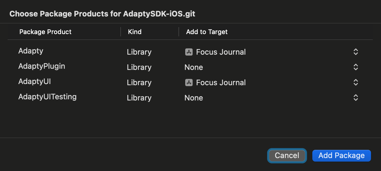 AdaptySDK package selection Xcode SPM 1024x459