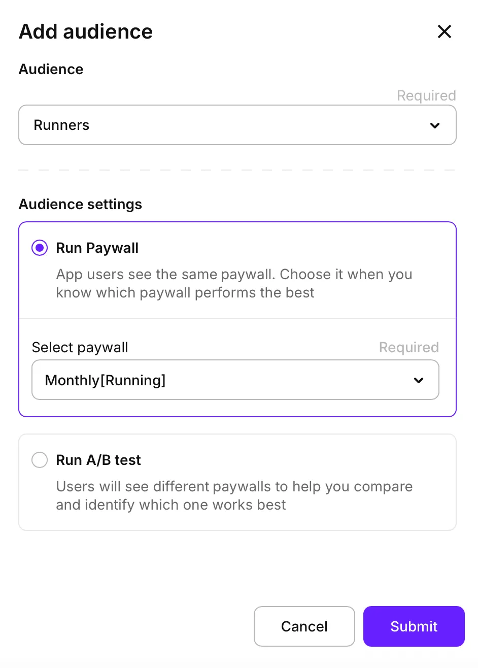 Adapty "Add audience" dialog showing "Runners" audience selection with "Run Paywall" option selected and "Monthly[Running]" paywall chosen from