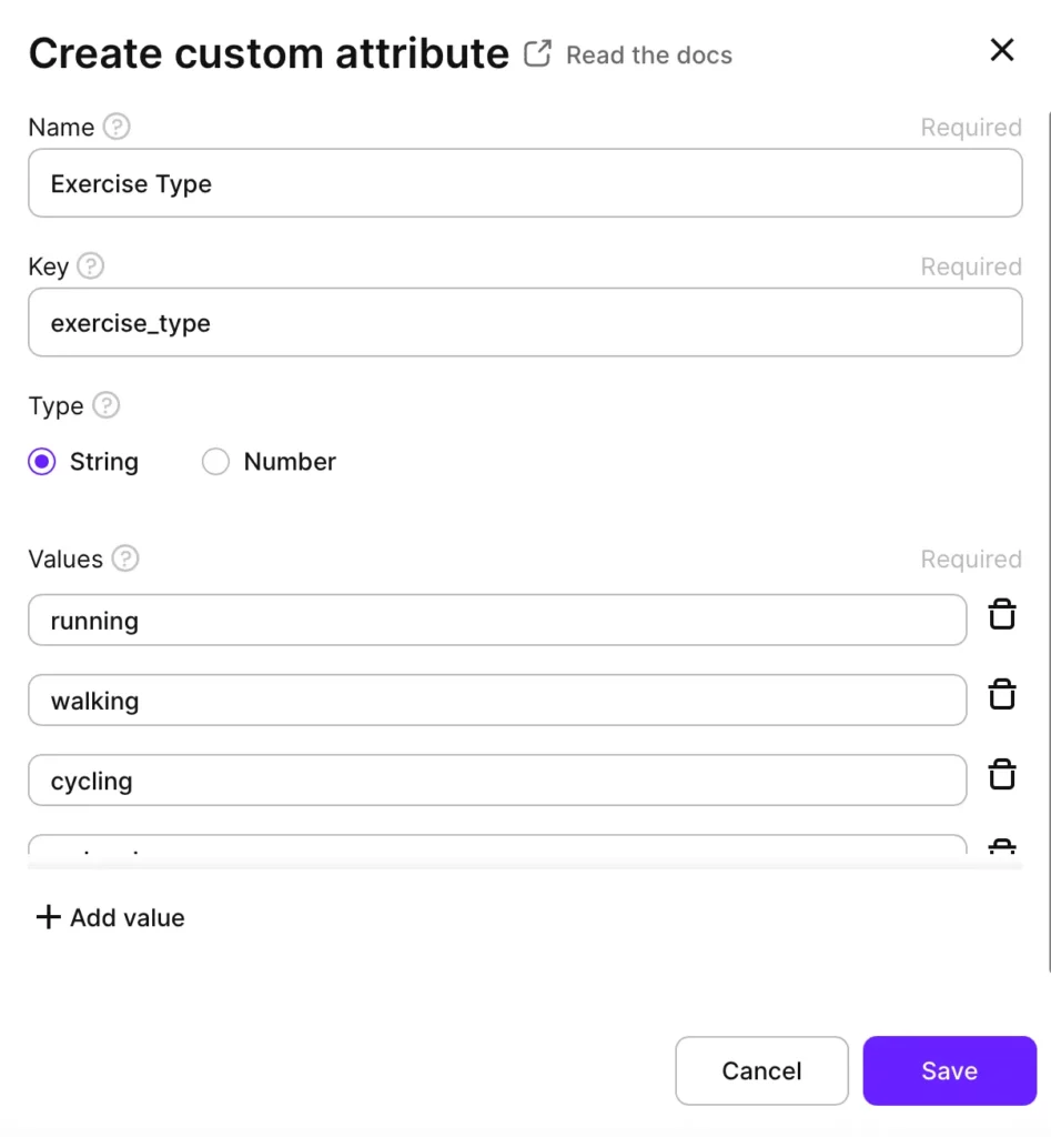 Adapty custom attribute creation dialog showing "Exercise Type" attribute setup with key "exercise_type", String type selected, and predefined values: running, walking, cycling with Add value button and Save/Cancel options