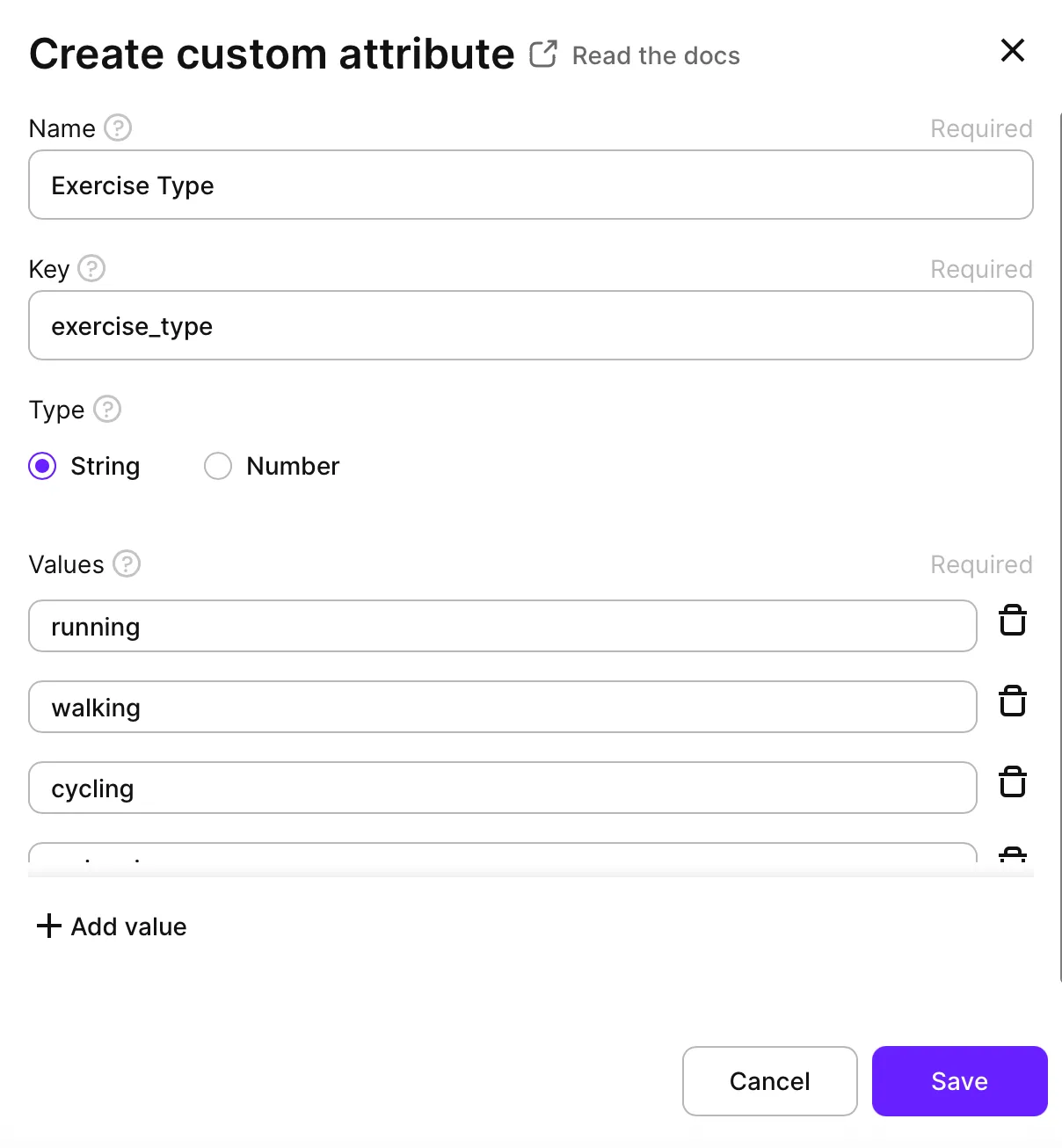 Adapty custom attribute creation dialog showing "Exercise Type" attribute setup with key "exercise_type", String type selected, and predefined values: running, walking, cycling with Add value button and Save/Cancel options