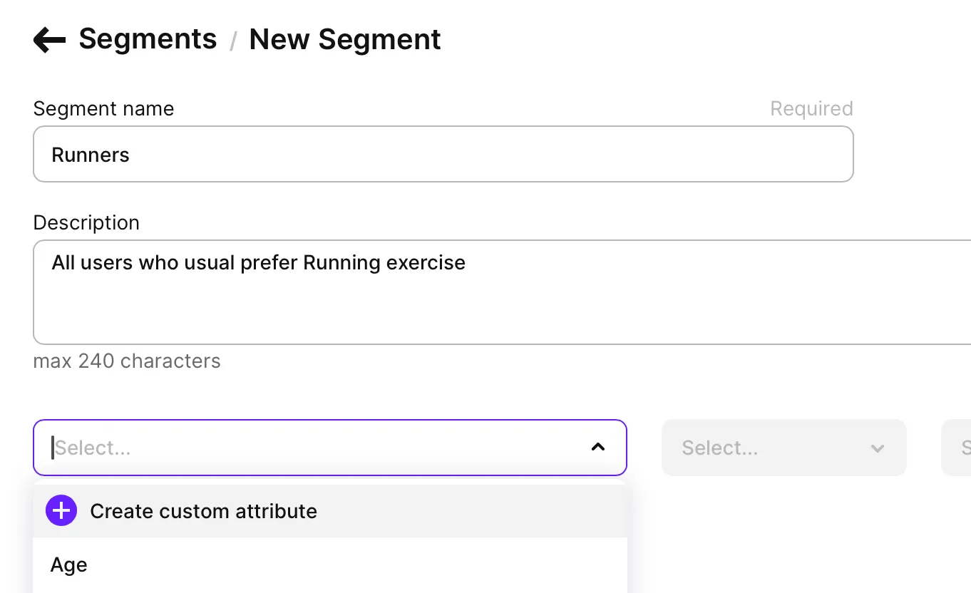 Adapty dashboard showing new segment creation form with "Runners" as segment name, description "All users who usual prefer Running exercise", and dropdown to create custom attribute for exercise type segmentation