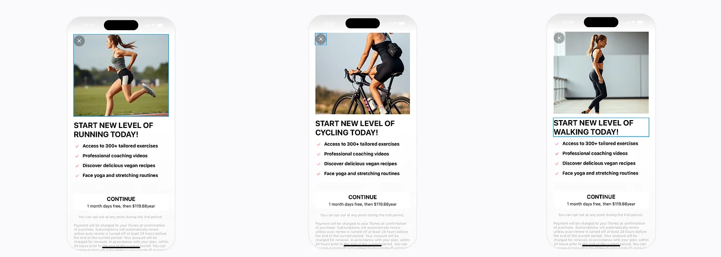 Three mobile personalized paywalls showing exercise-specific designs: left shows running paywall with woman runner and "START NEW LEVEL OF RUNNING TODAY!", center shows cycling paywall with cyclist and "START NEW LEVEL OF CYCLING TODAY!", right shows walking paywall with woman in gym and "START NEW LEVEL OF WALKING TODAY!" - each with tailored imagery and messaging