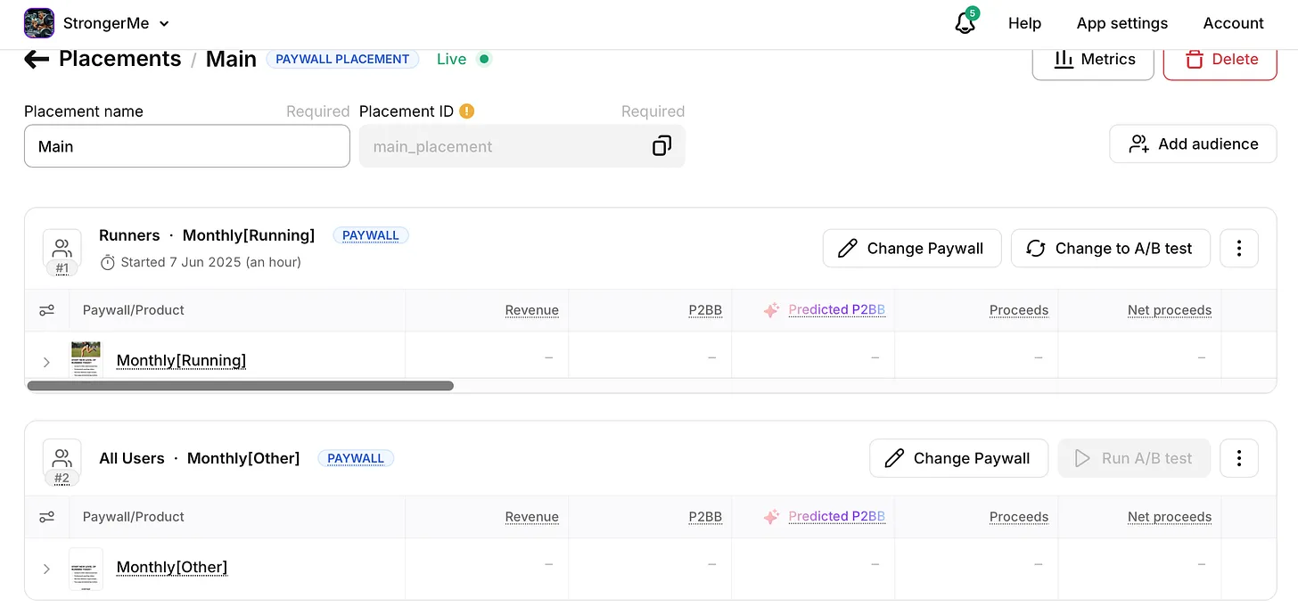 Adapty Main placement configuration showing two audiences: "Runners" audience (#1) assigned Monthly[Running] paywall started Jun 7 2025, and "All Users" audience (#2) assigned Monthly[Other] paywall, with options to change paywalls or run A/B tests for each audience