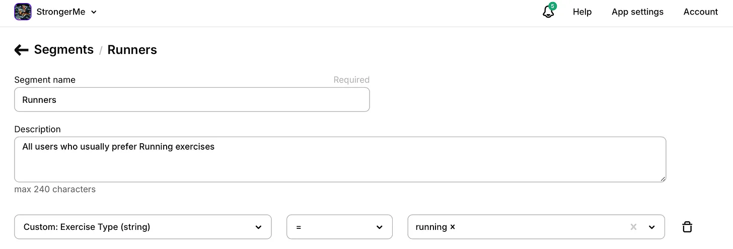 Adapty "Runners" segment configuration showing segment name field, description "All users who usually prefer Running exercises", and filtering rule: Custom Exercise Type (string) equals "running"