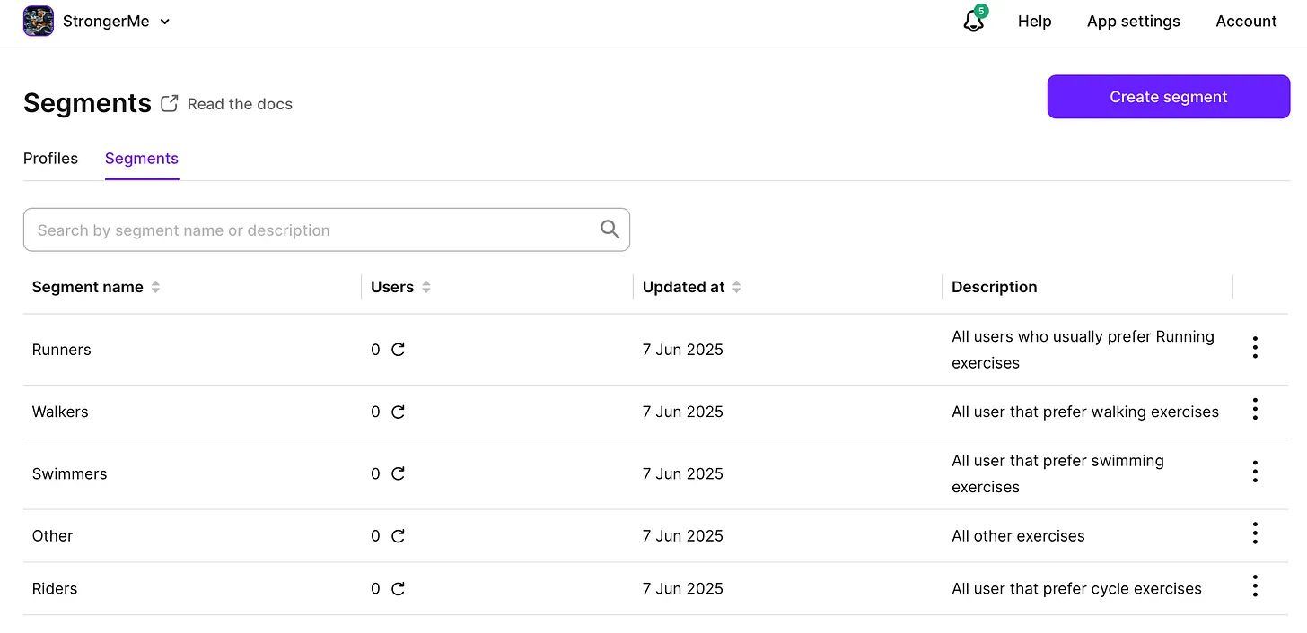 Adapty Segments dashboard showing five created exercise segments: Runners, Walkers, Swimmers, Other, and Riders, each with 0 users and created on Jun 7 2025, with descriptions for running, walking, swimming, other, and cycling exercises respectively