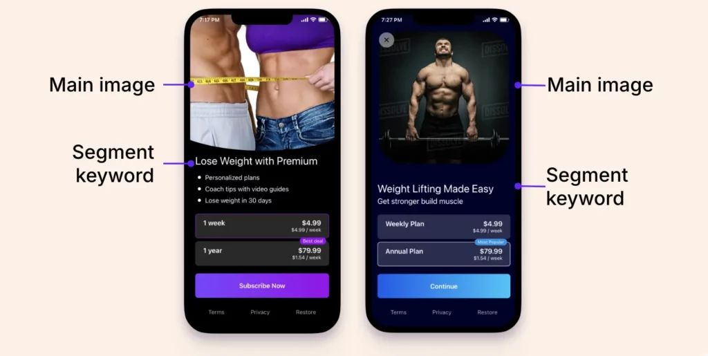 Side-by-side mobile screenshots showing how the same fitness app personalizes its subscription page based on keyword intent - weight loss focus with purple branding on left, muscle building focus with blue branding on right, demonstrating keyword-based personalization strategy.