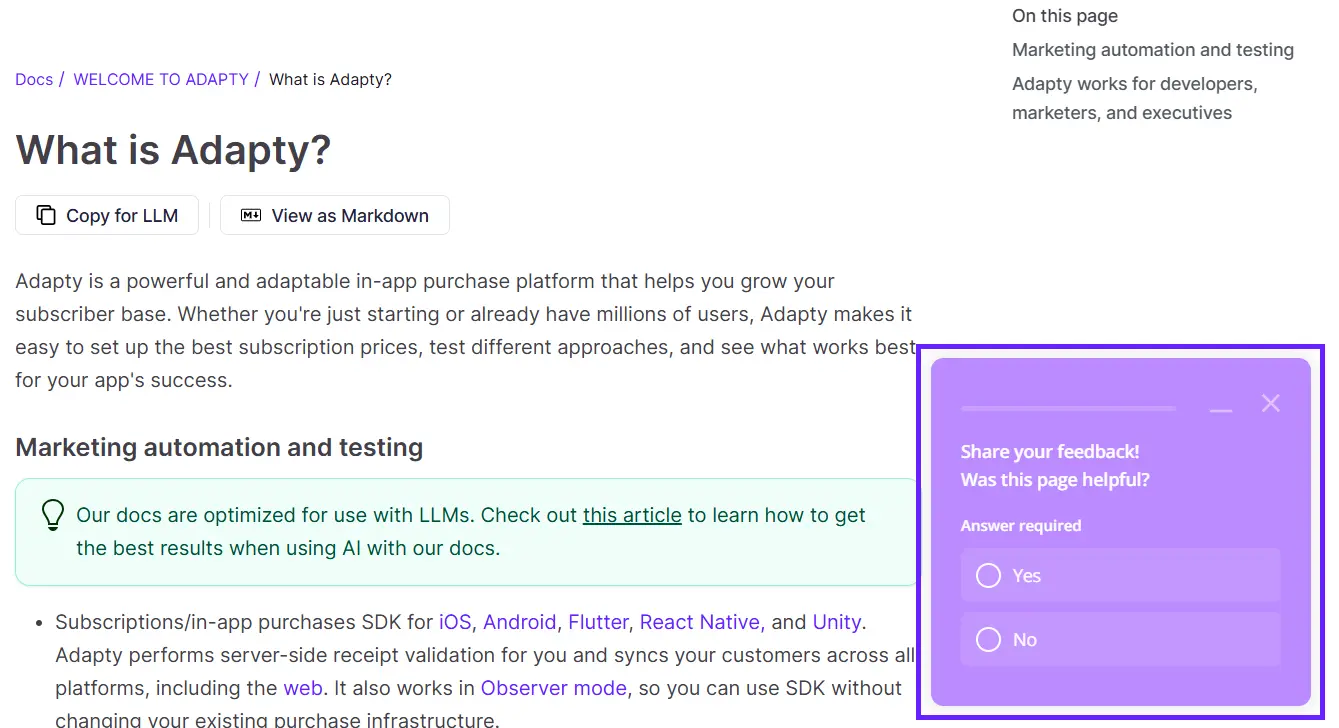 Adapty documentation page with a purple feedback widget asking “Was this page helpful?”