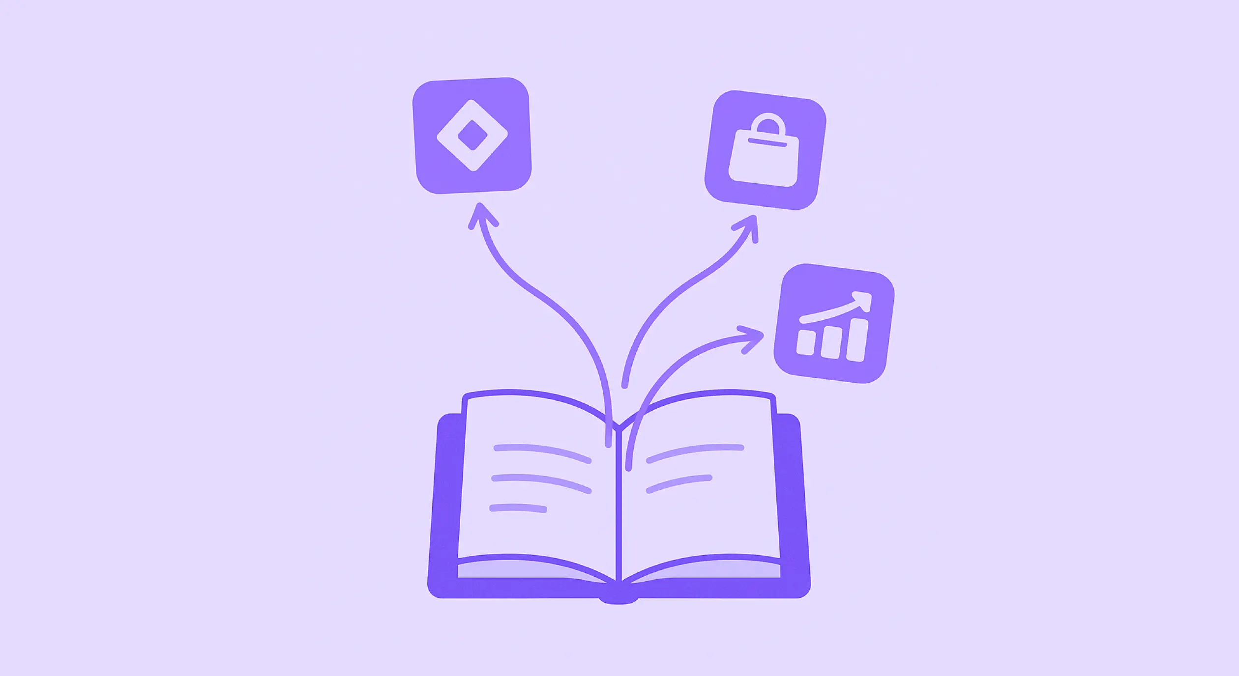 Flat-style illustration of an open book with arrows pointing to SDK, shopping bag, and analytics icons.