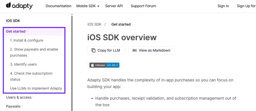 Adapty iOS SDK documentation sidebar highlighting the “Get started” steps.