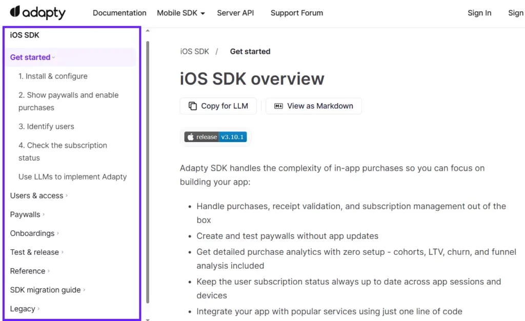 Screenshot of Adapty iOS SDK documentation sidebar showing all available sections.