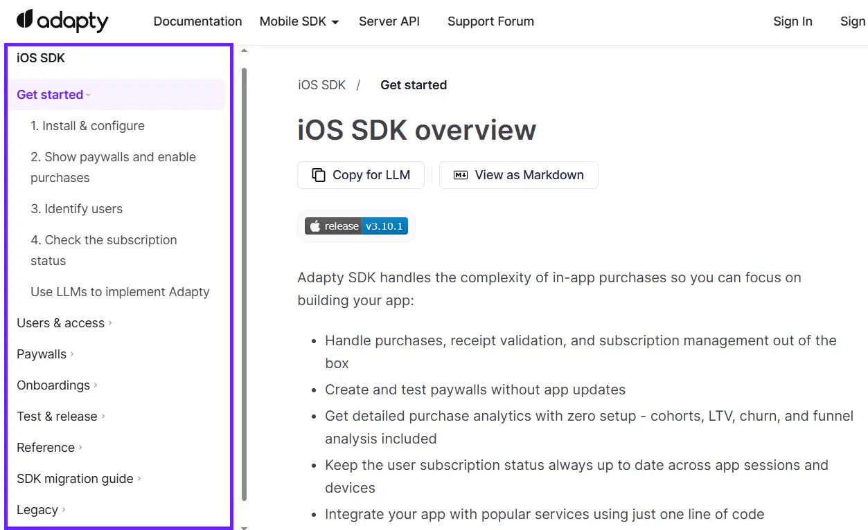 Screenshot of Adapty iOS SDK documentation sidebar showing all available sections.
