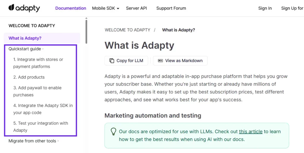 Adapty documentation showing a five-step Quickstart guide in the sidebar.