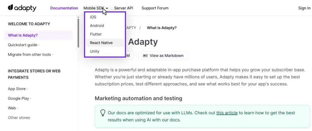 Adapty documentation with the Mobile SDK dropdown expanded, showing iOS, Android, Flutter, React Native, and Unity.