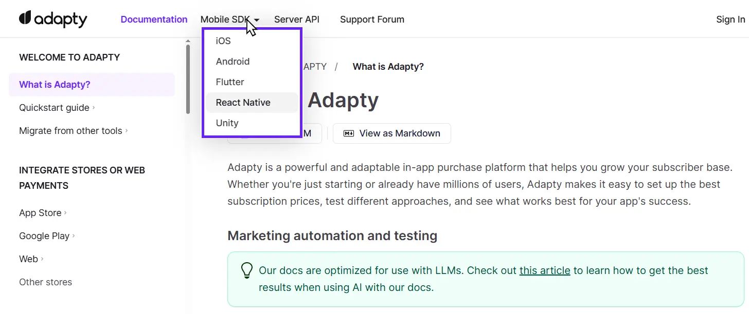 Adapty documentation with the Mobile SDK dropdown expanded, showing iOS, Android, Flutter, React Native, and Unity.