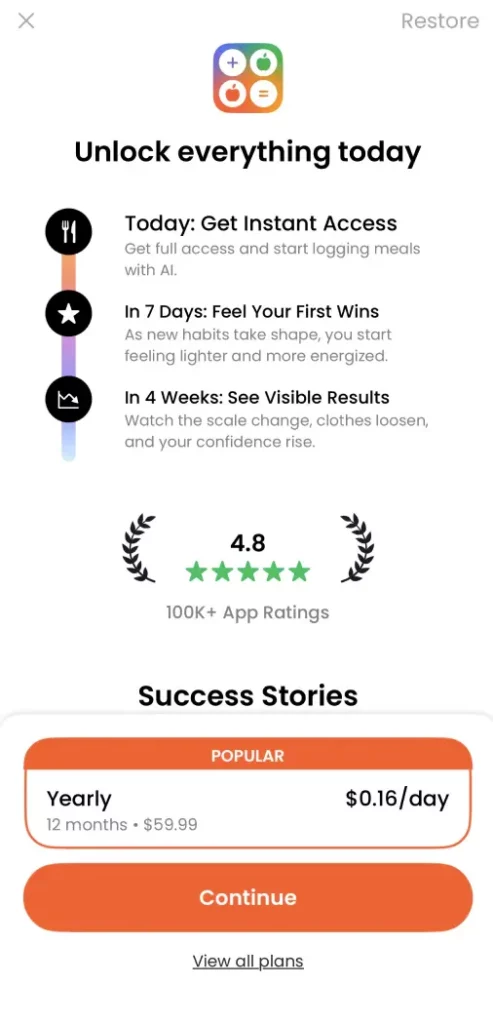 A calorie-tracking app offering a yearly plan at $0.16/day ($59.99) with no trial on the annual plan shown
