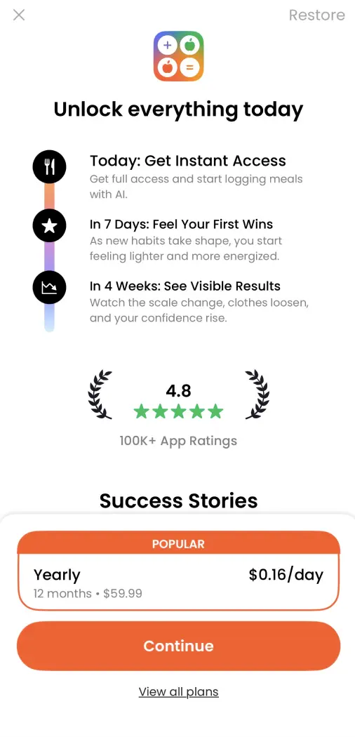 A calorie-tracking app offering a yearly plan at $0.16/day ($59.99) with no trial on the annual plan shown