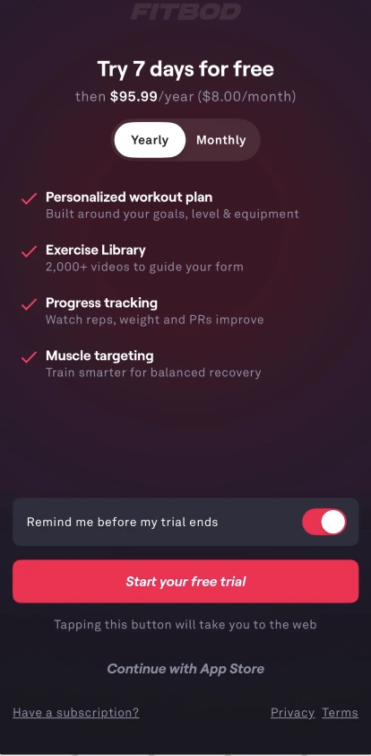 In-app paywall offering 7 days free then $95.99/year, with a secondary 'Tapping this button will take you to the web' CTA below.