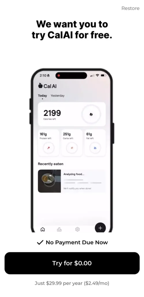 CalAI offering a free trial on annual only — 'Try for $0.00, just $29.99 per year' with no payment due now.