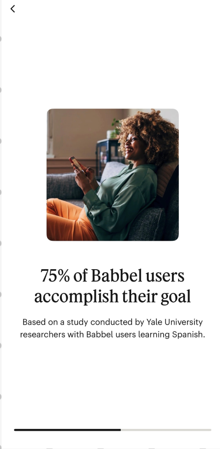 Babbel showing a stat — '75% of Babbel users accomplish their goal' based on a Yale University study.