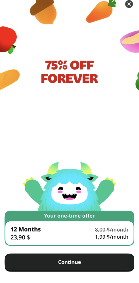 An app offering 75% off forever as a one-time offer.