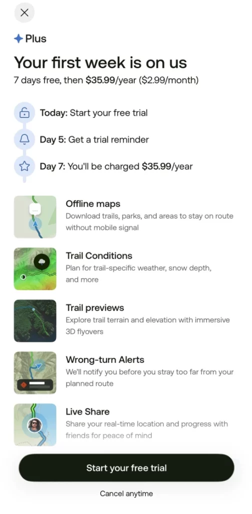 A fitness app offering 7 days free then $35.99/year, with a timeline showing trial start, Day 5 reminder, and Day 7 charge.