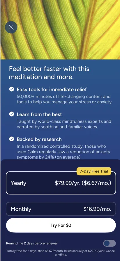 A meditation app offering a 7-day free trial on the yearly plan at $79.99/yr, with monthly at $16.99/mo as a secondary option.
