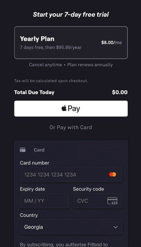 Web checkout page for the same plan showing Apple Pay and card payment options with total due today of $0.00.