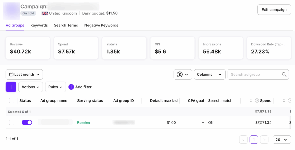 Adapty's A/B test dashboard showing a live price test split 50/50 across two paywall variants, with revenue and predicted P2BB metrics tracked per variant in real time.