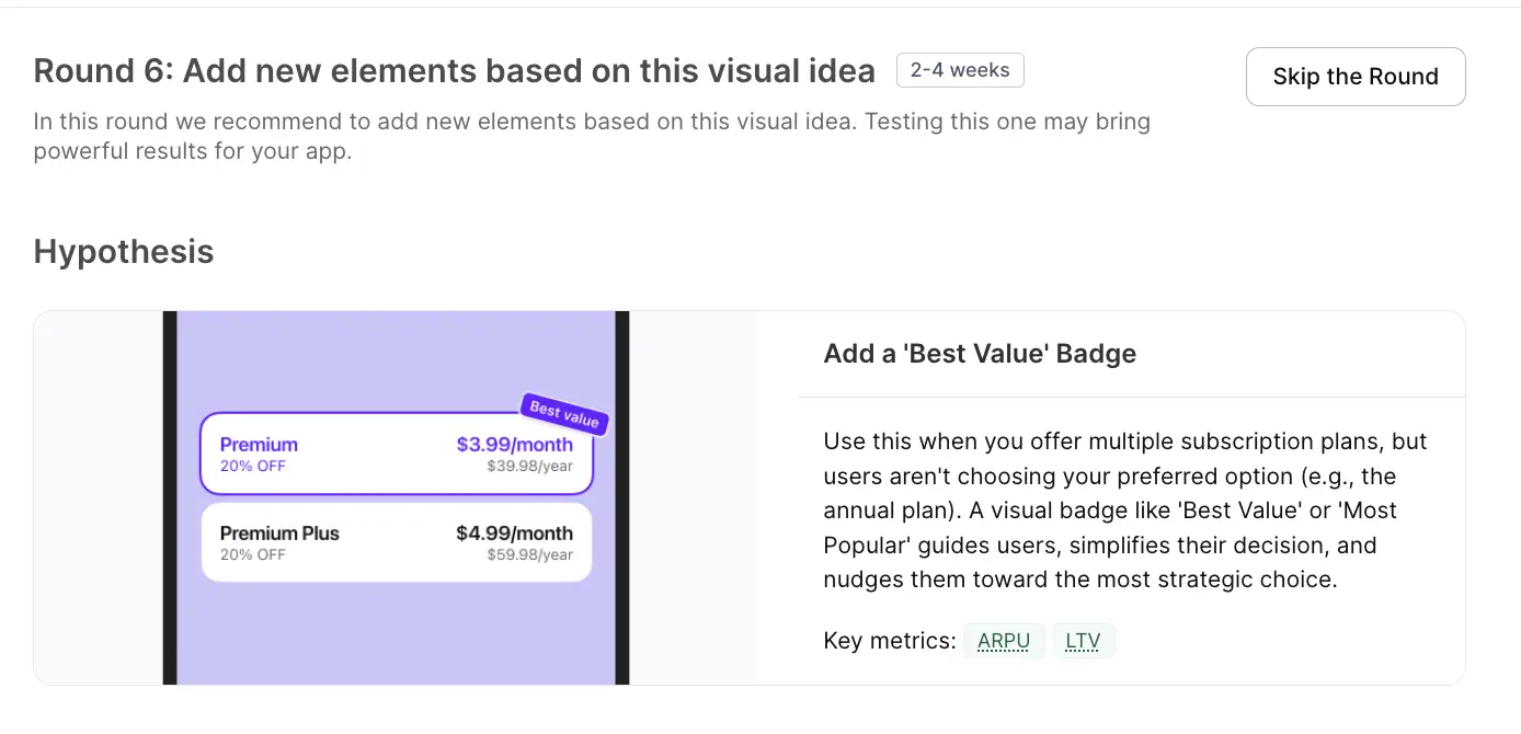 Autopilot visual round recommendation: Round 6 suggests adding a 'Best Value' badge to guide users toward the annual plan — showing a paywall mockup with Premium at $3.99/month and Premium Plus at $4.99/month, with reasoning on when the pattern works and ARPU and LTV as the target metrics. Source: Adapty Autopilot.