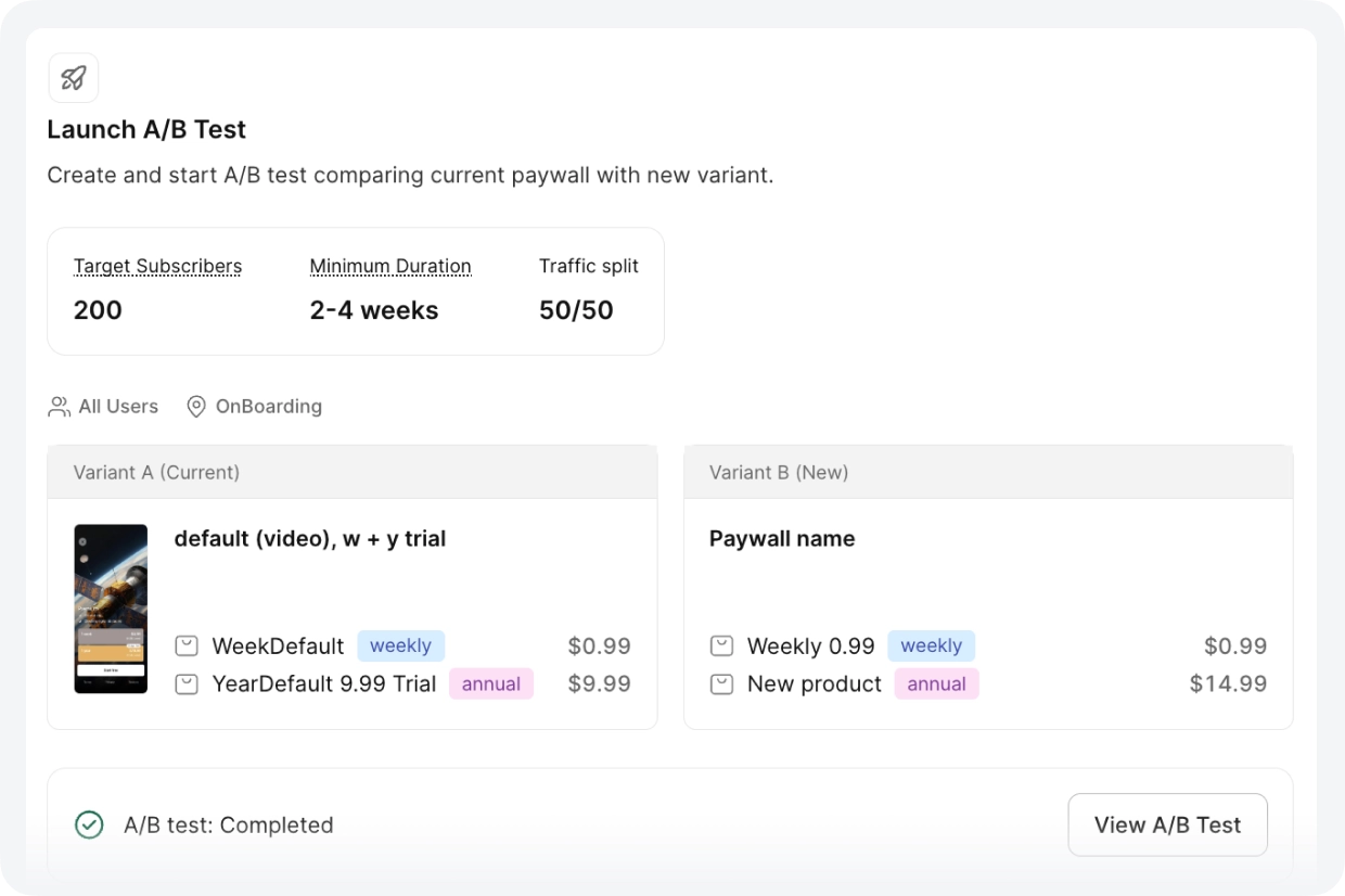 Autopilot A/B test setup — Variant A (current paywall) vs Variant B (new annual price $14.99), target 200 subscribers, minimum duration 2-4 weeks, 50/50 traffic split. Source: Adapty Autopilot.
