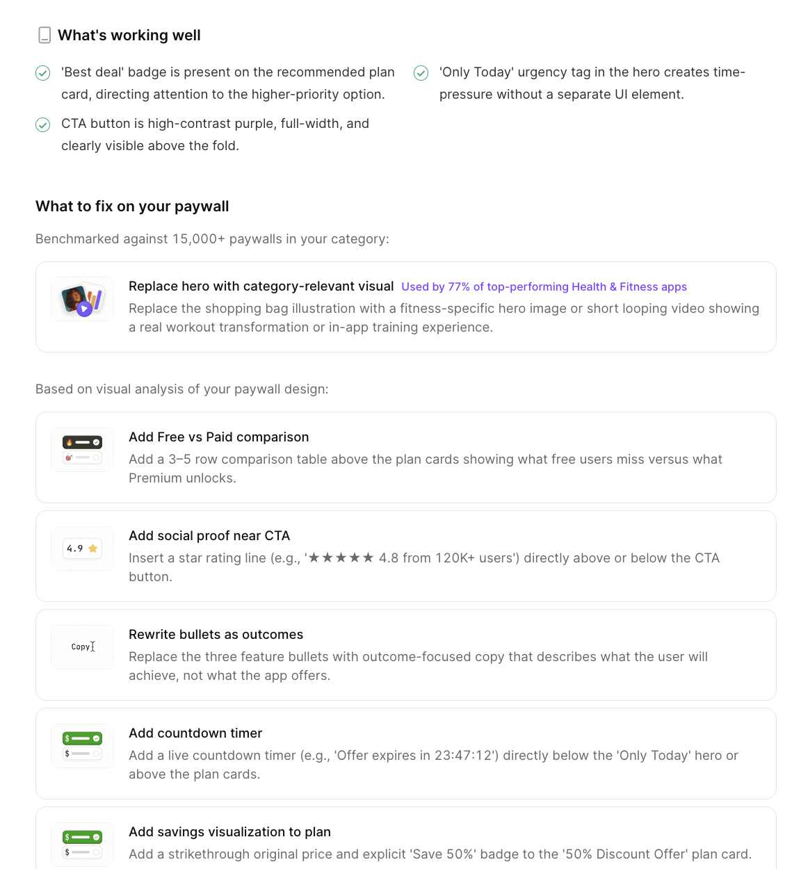 Autopilot paywall analysis — AI-generated recommendations for Health & Fitness app including replace hero image, add Free vs Paid comparison, add social proof near CTA, rewrite bullets as outcomes, and add countdown timer. Benchmarked against 15,000+ paywalls. Source: Adapty Autopilot.
