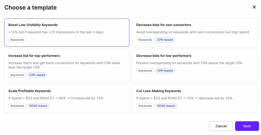 Adapty Apple Ads Manager automation template picker showing six pre-built rules: Boost Low-Visibility Keywords (+10% bid if under 20 impressions in 3 days), Decrease bids for non-converters, Increase bid for top-performers, Decrease bids for low-performers, Scale Profitable Keywords (spend over $20 and ROAS D7 over 40% → increase bid 15%), and Cut Loss-Making Keywords (spend over $20 and ROAS D7 under 20% → decrease bid 20%). Source: Adapty Apple Ads Manager.