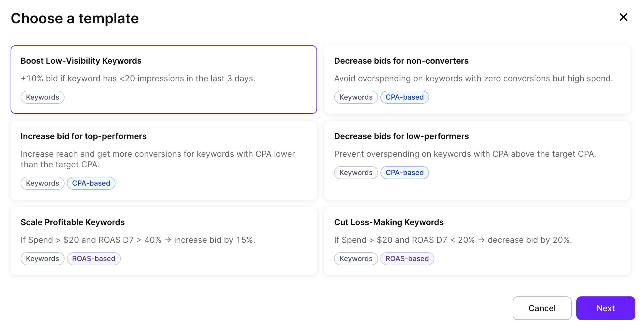 Adapty Apple Ads Manager automation template picker showing six pre-built rules: Boost Low-Visibility Keywords (+10% bid if under 20 impressions in 3 days), Decrease bids for non-converters, Increase bid for top-performers, Decrease bids for low-performers, Scale Profitable Keywords (spend over $20 and ROAS D7 over 40% → increase bid 15%), and Cut Loss-Making Keywords (spend over $20 and ROAS D7 under 20% → decrease bid 20%). Source: Adapty Apple Ads Manager.