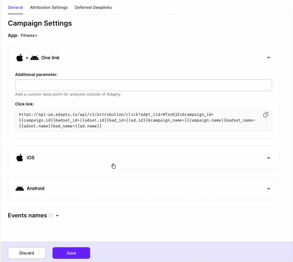 Adapty UA campaign settings for the Fitness+ app showing a One Link tracking URL carrying campaign ID, ad set ID, ad ID, campaign name, ad set name, and ad name parameters — with separate iOS and Android link sections and a custom events names configuration. Source: Adapty UA.