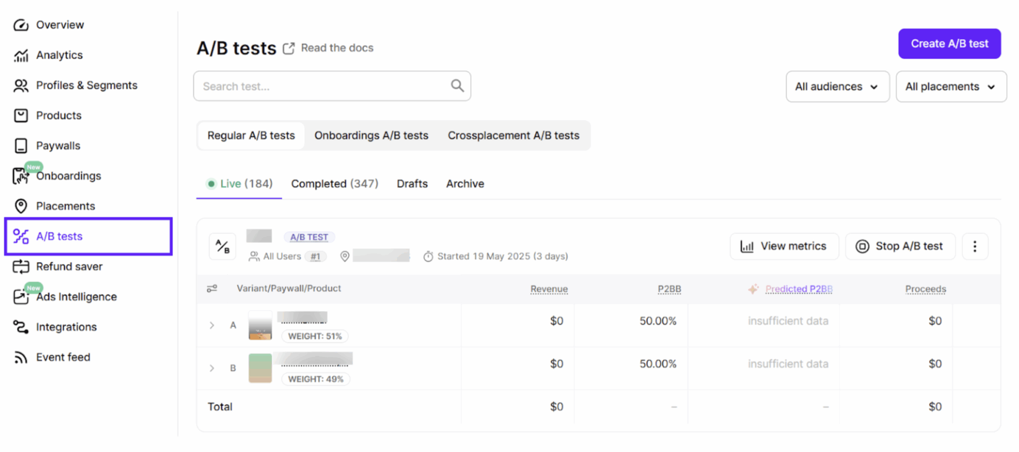 Adapty A/B tests dashboard showing two live paywall variants (A at 51% weight, B at 49%) with Revenue, P2BB, Predicted P2BB, and Proceeds columns — the view you see after launching a price test with a 50/50 traffic split. Source: Adapty.