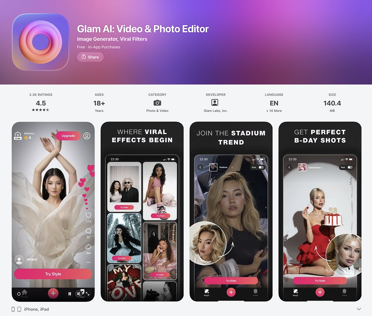 Glam AI: AppStore official page