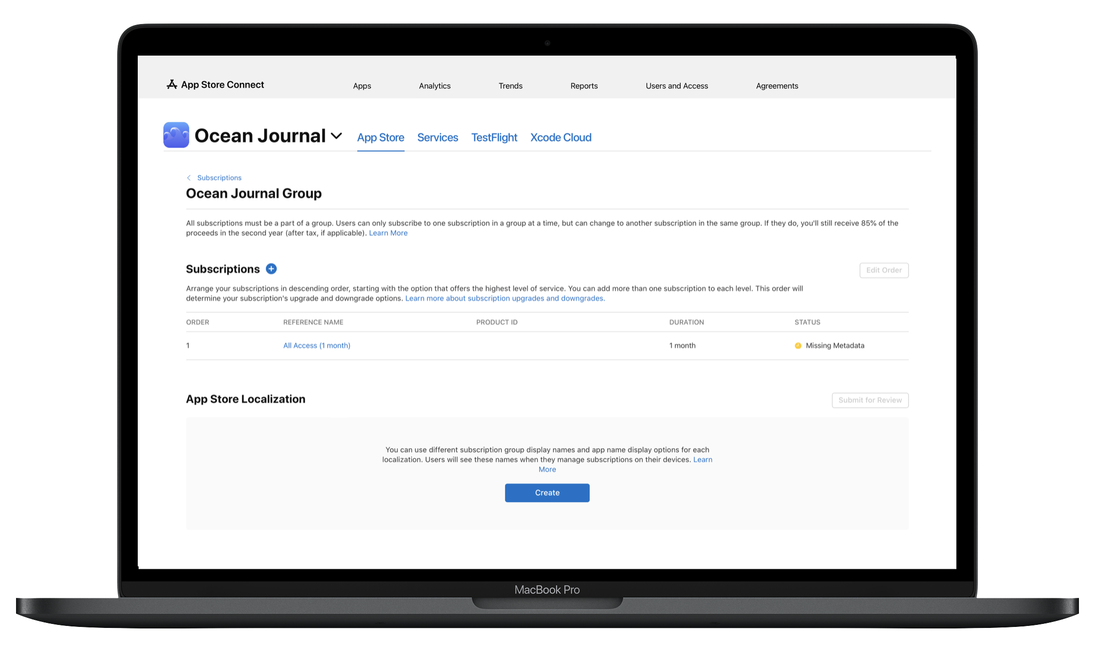 App Store Connect subscription group setup showing 12-month commitment plan configuration for Ocean Journal app