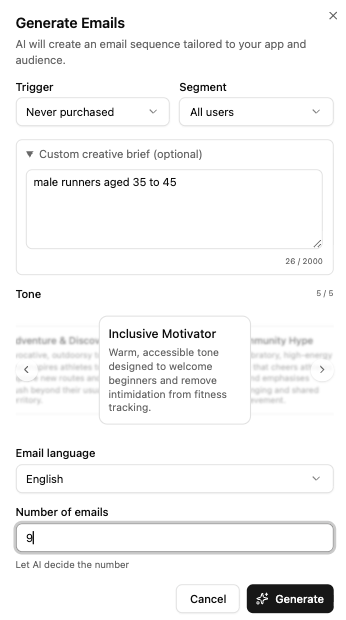 Adapty Mail email generation screen — segment, tone, language, and number of emails settings before generating a sequence