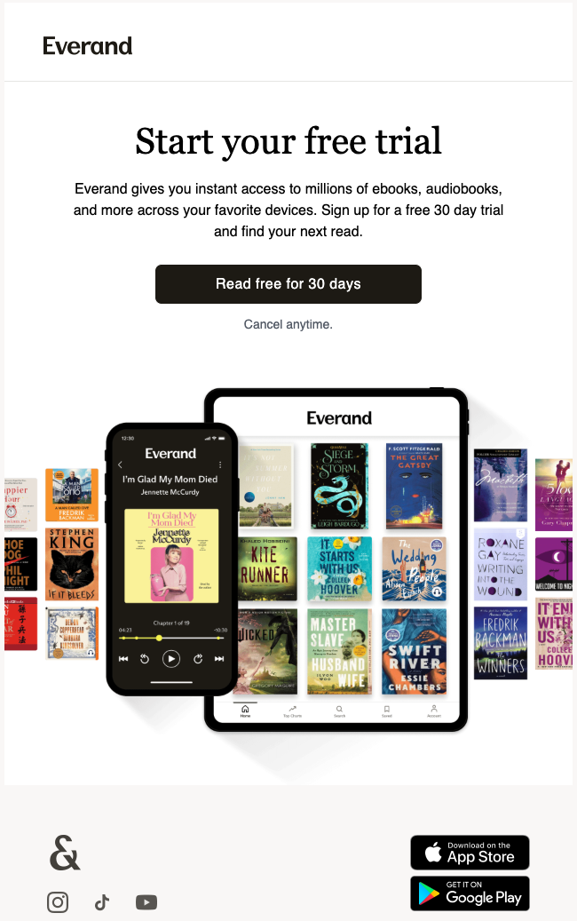 Everand pre-expiry email — minimal design with single CTA "Read free for 30 days"