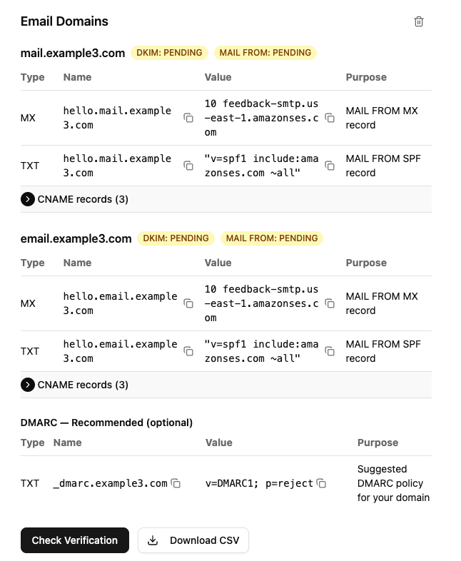 Adapty Mail domain setup screen showing DNS records — DKIM, SPF, and MX entries for email authentication